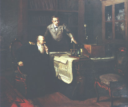 О. С. Попов демонструє адміралу Макарову свій радіоприймач З картини художника І. Сорокіна